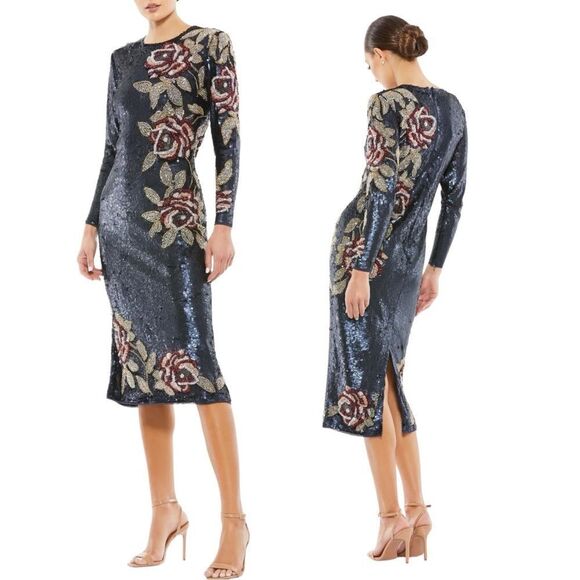 Mac Duggal Dresses & Skirts - Mac Duggal Dress 20 Blue Sequined Floral Long Sleeve Midi Dress 93624‎ Modest
